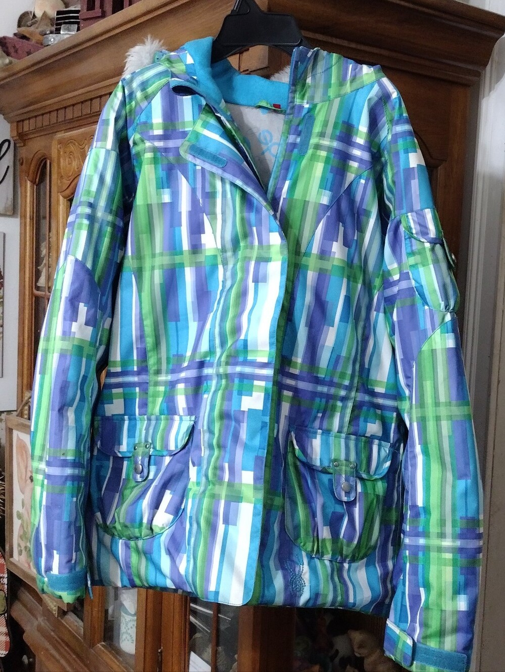 Spyder Girls Blue Green Plaid Hooded Ski Jacket Size 18
